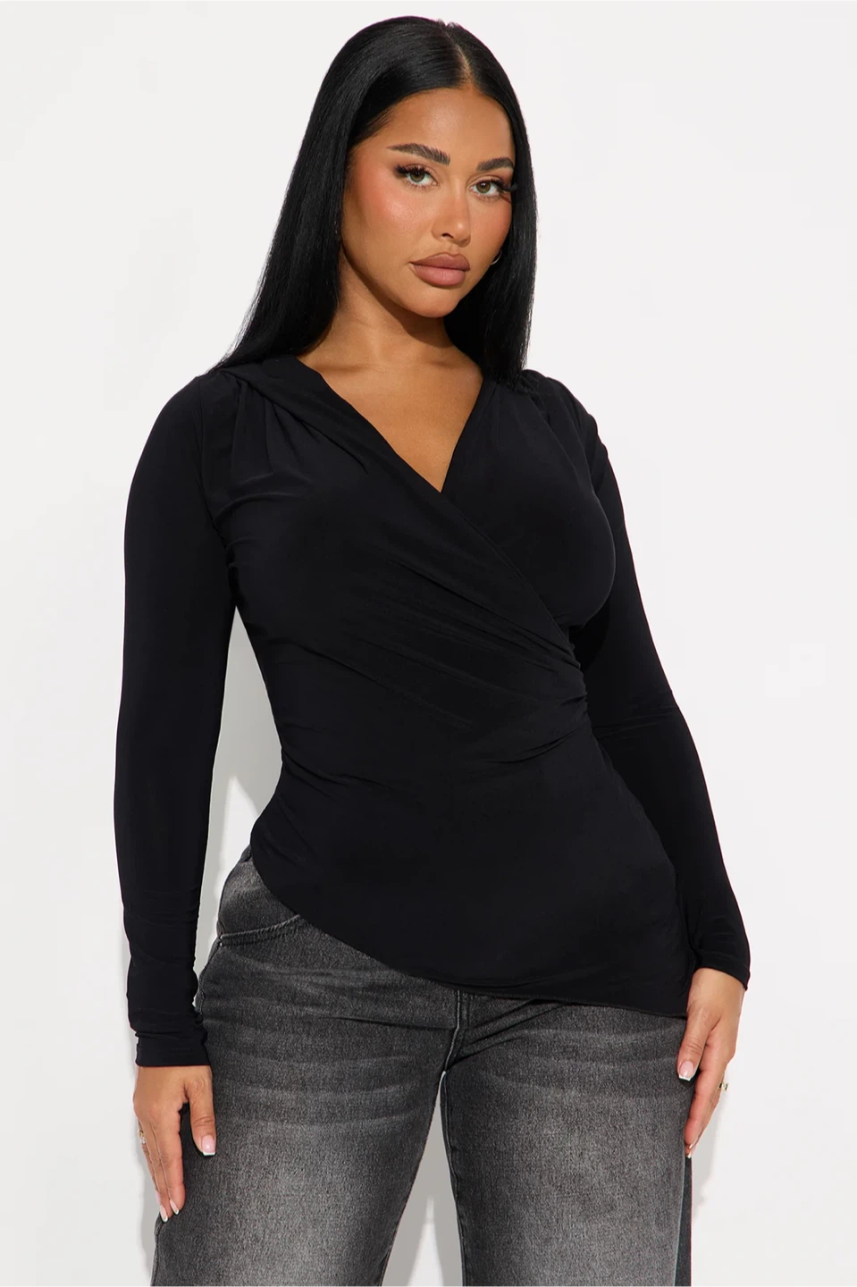 Fashion Nova: Moxie Asymmetrical Surplice Top - Black