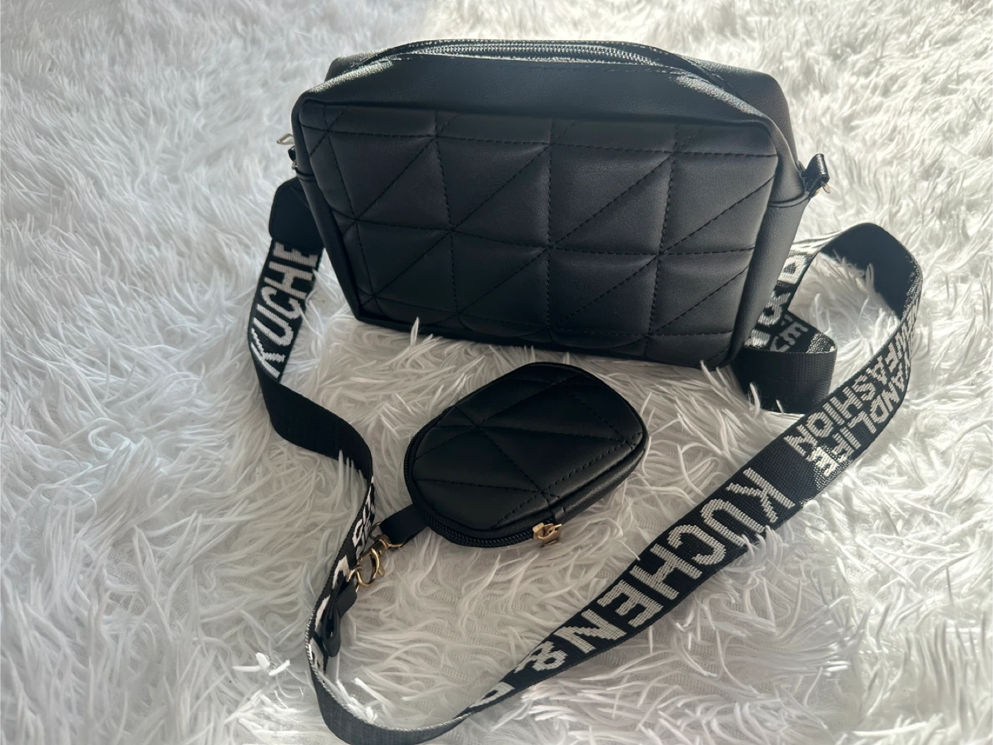 Black Quilted Crossbody Bag with Coin Pouch