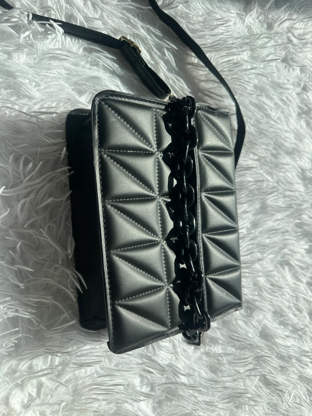 Black Quilted Crossbody Bag with Chain Detail