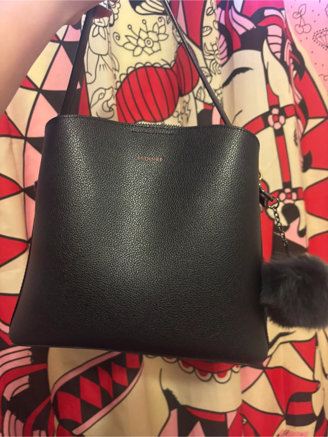 Brand New ESQUIRE Korea Black Leather Tote Bag with Pompom
