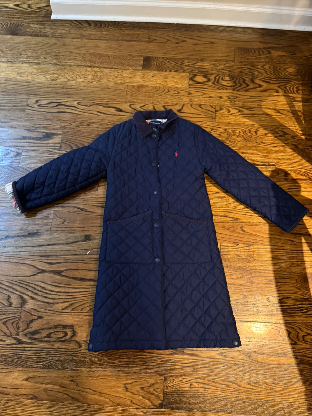 Ralph Lauren Quilted Barn Coat Navy Blue Plaid Lined Size M