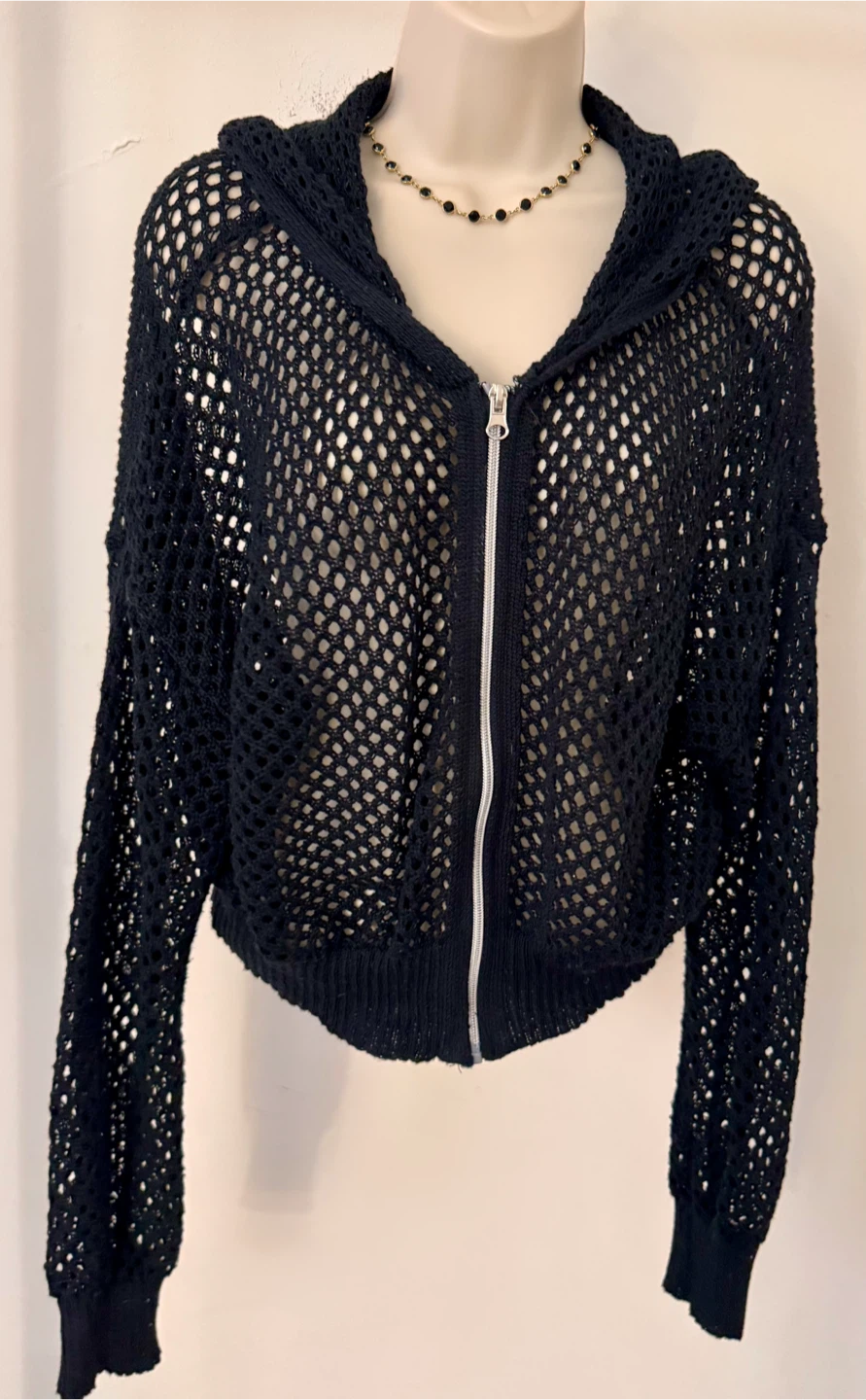 Black Mesh Zip-Up Hoodie