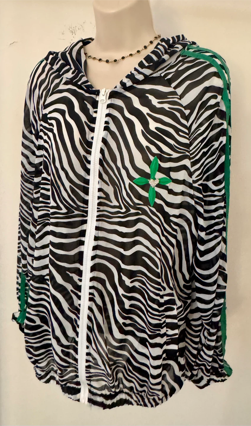 Sheer Zebra Print Track Jacket with Green Accents