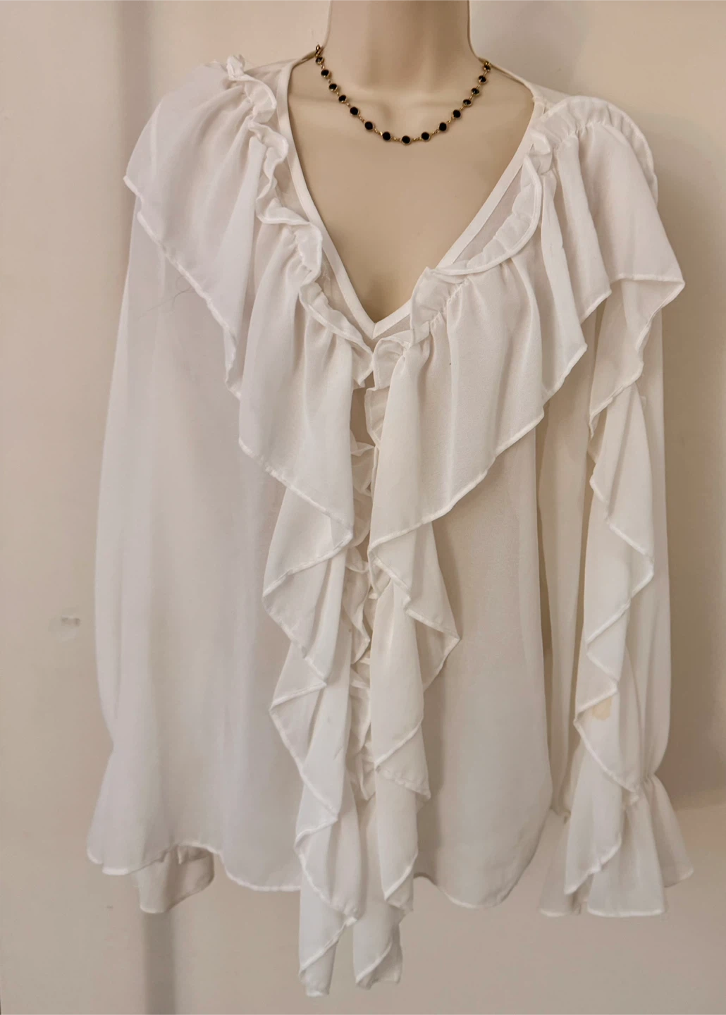 Hey Babe White Ruffled Chiffon Blouse - Size Medium