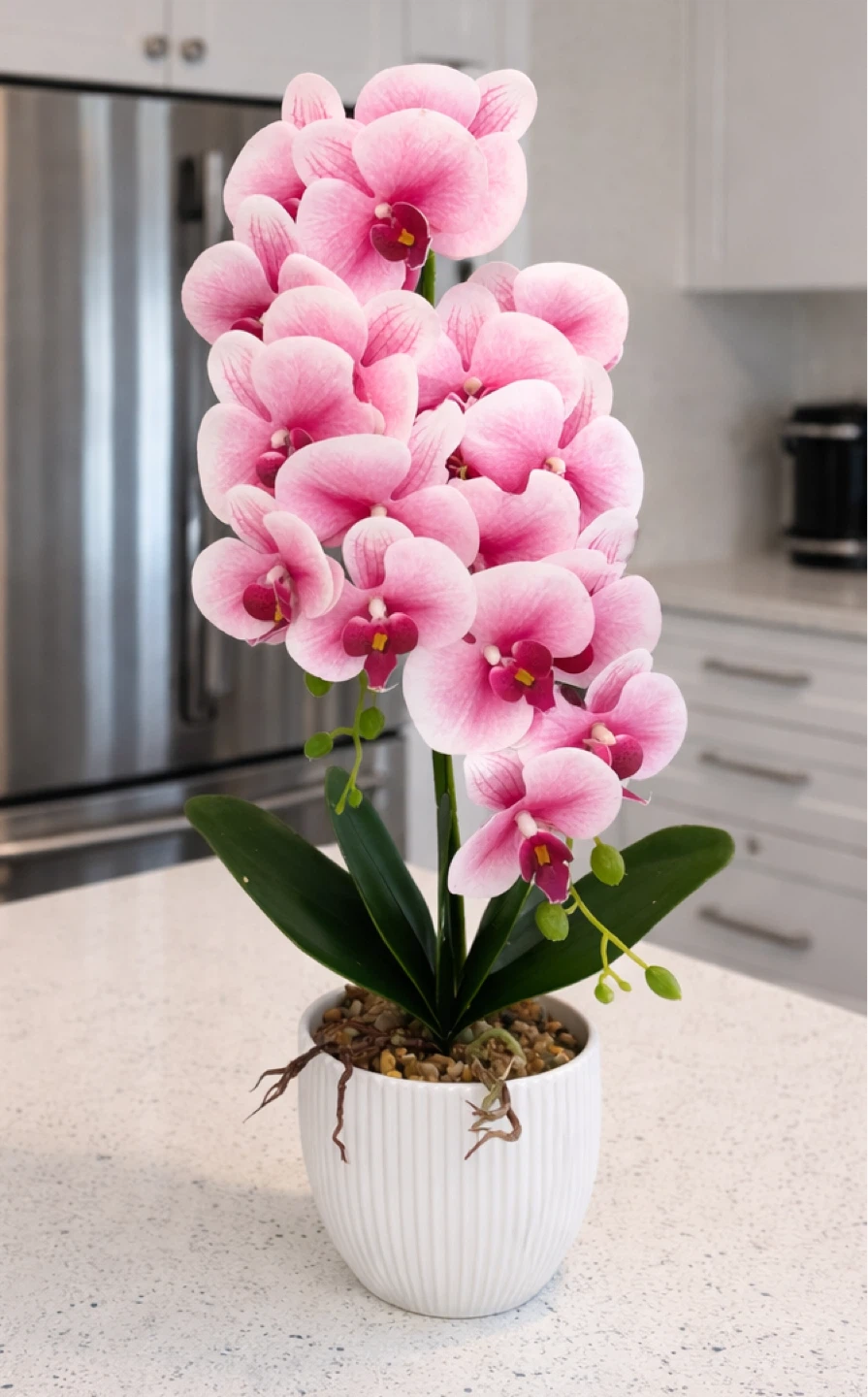 Pink Faux Orchid Plant in White Ribbed Pot - photo 2