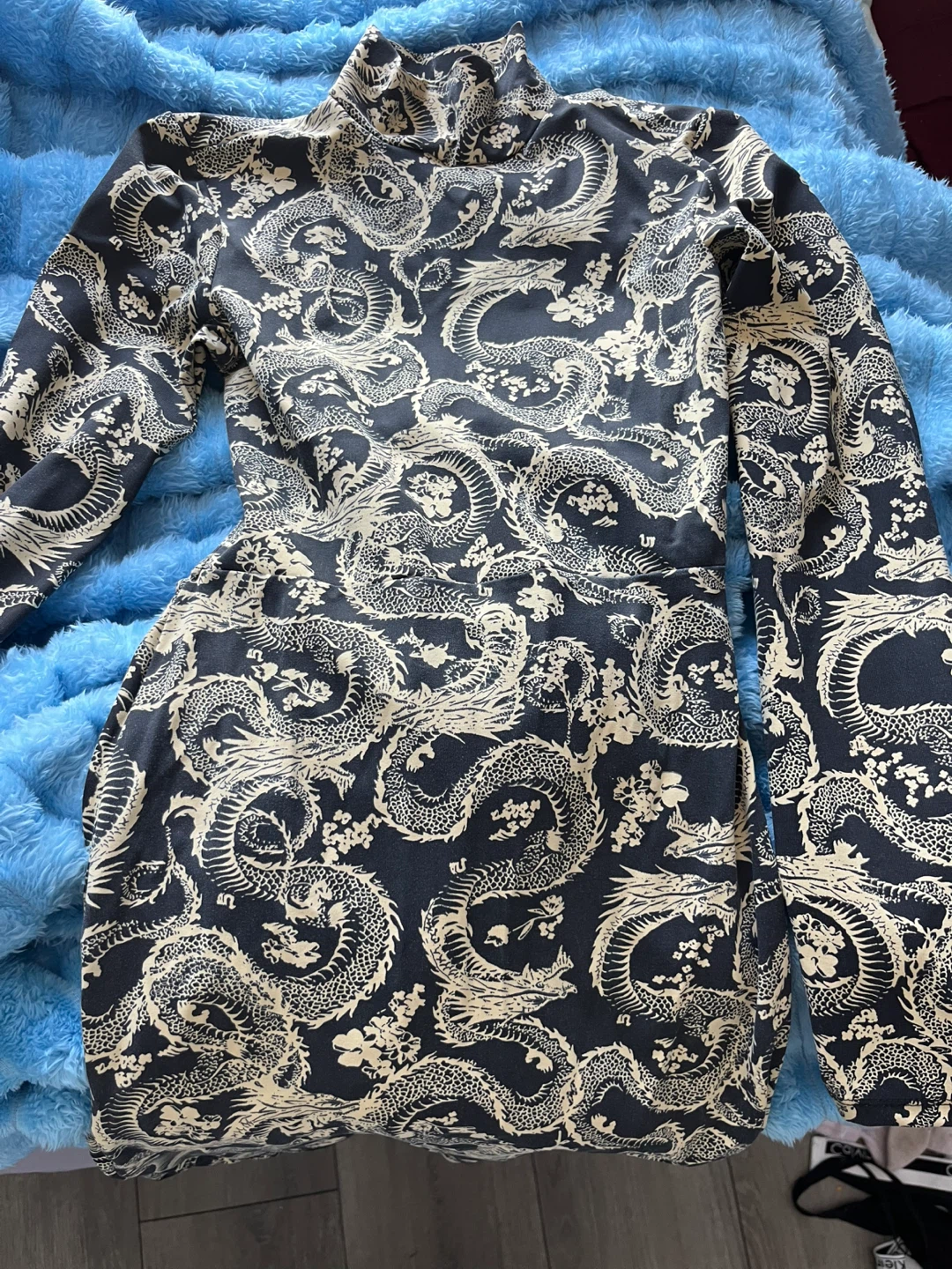 Bershka Black and Cream Dragon Print High neck dress