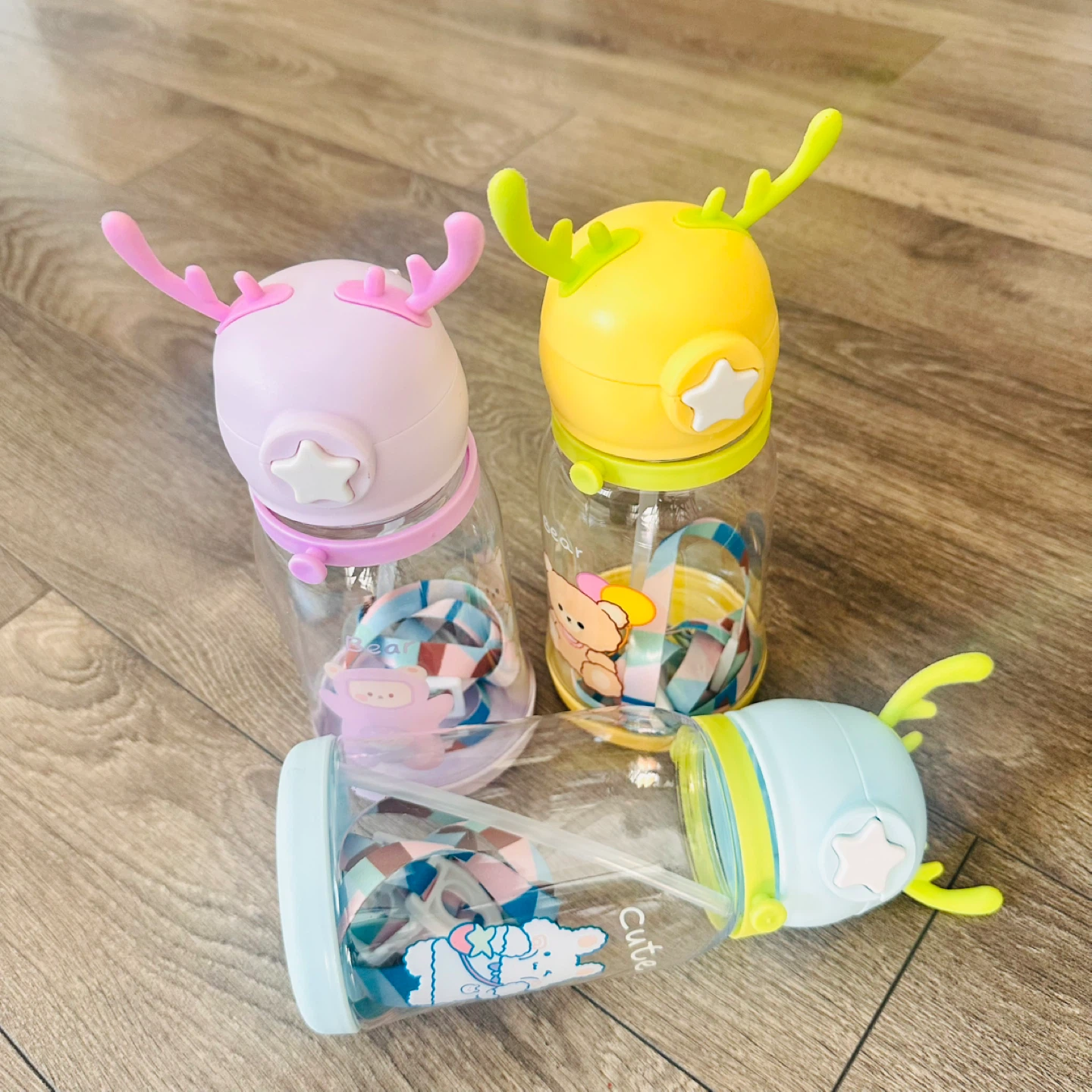 Cute Bear & Animal Themed Water Bottles with Straws