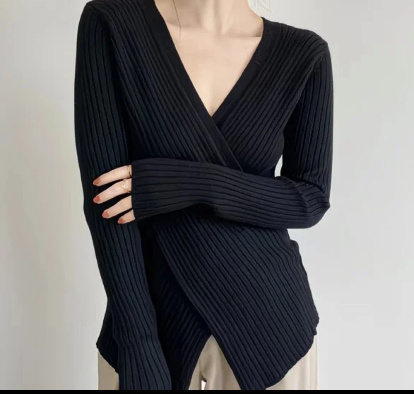 Black Ribbed Wrap Sweater