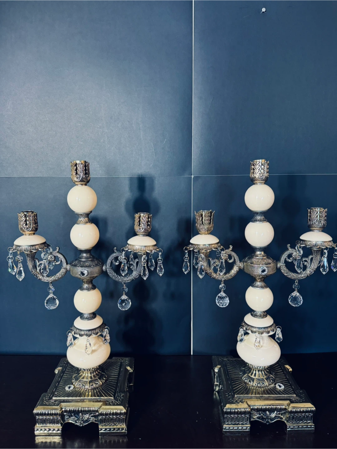 Antique Pair of Ornate Candelabras with Crystal Accents