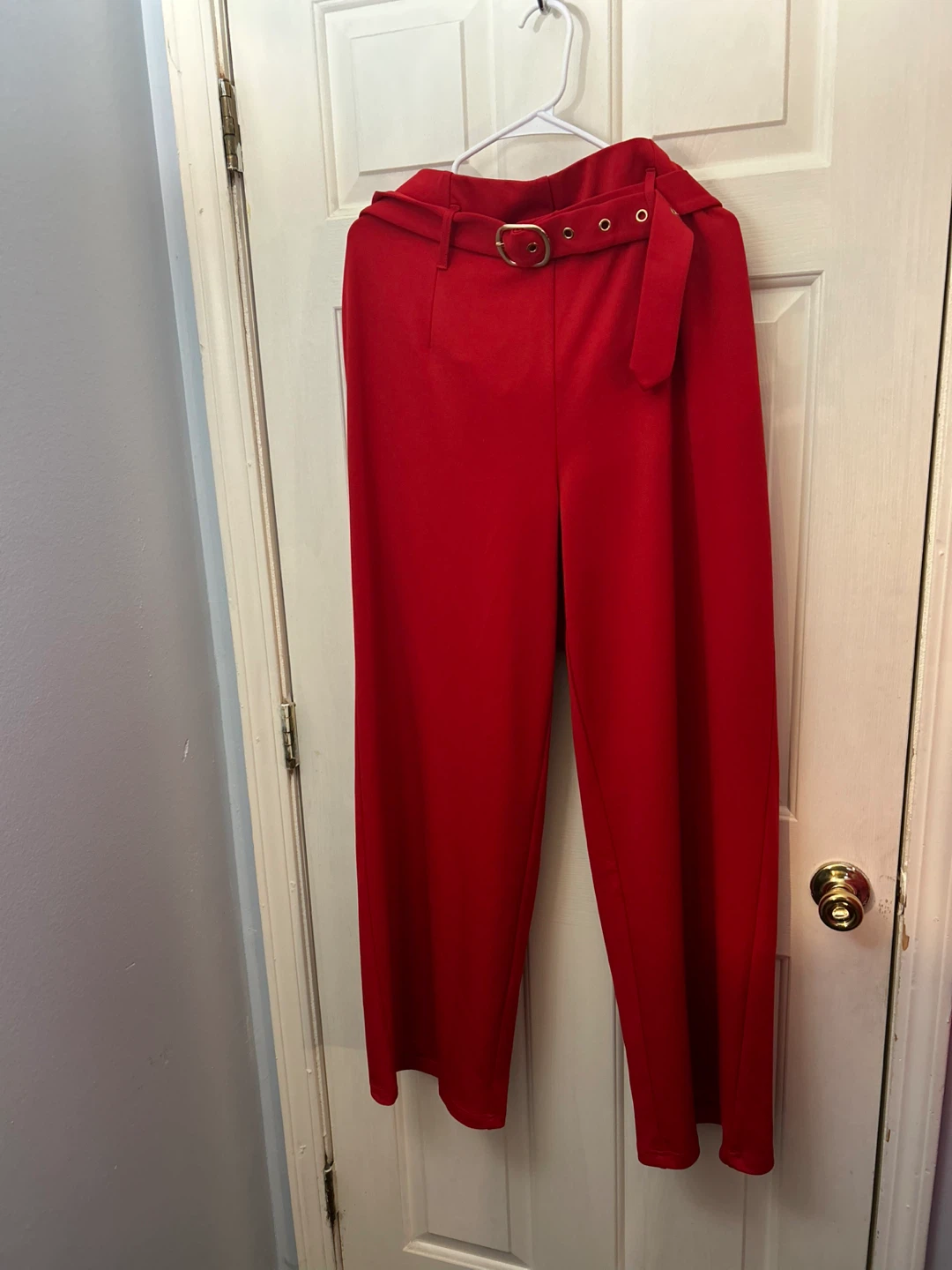 Red Wide-Leg Belted Pants