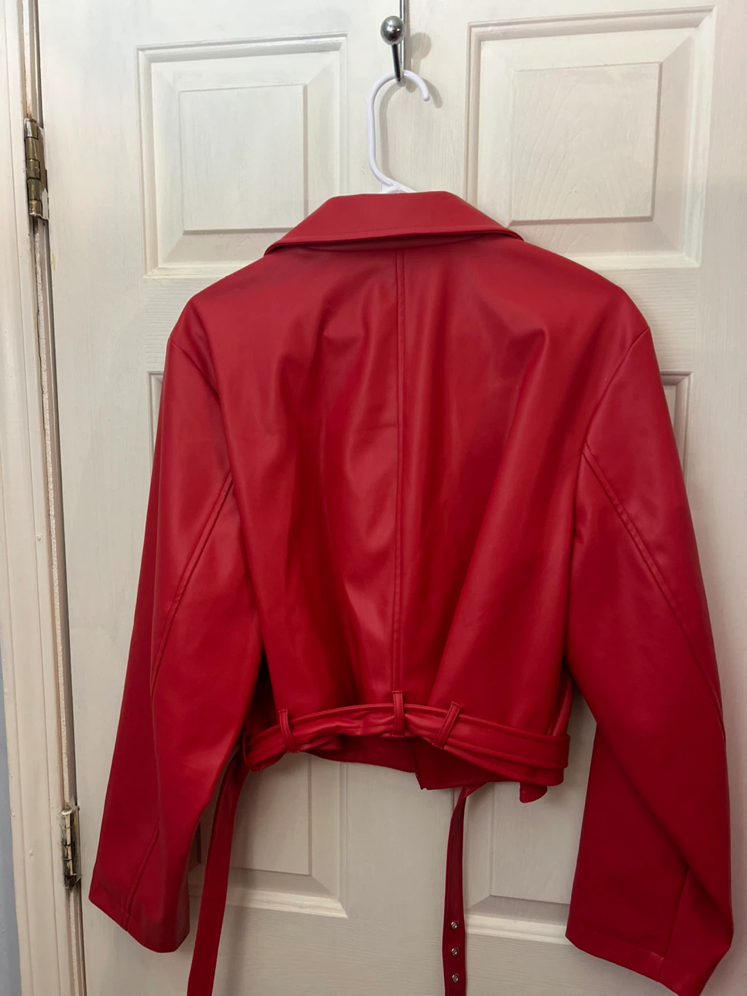 Red Faux Leather Cropped Moto Jacket with Belt - photo 2