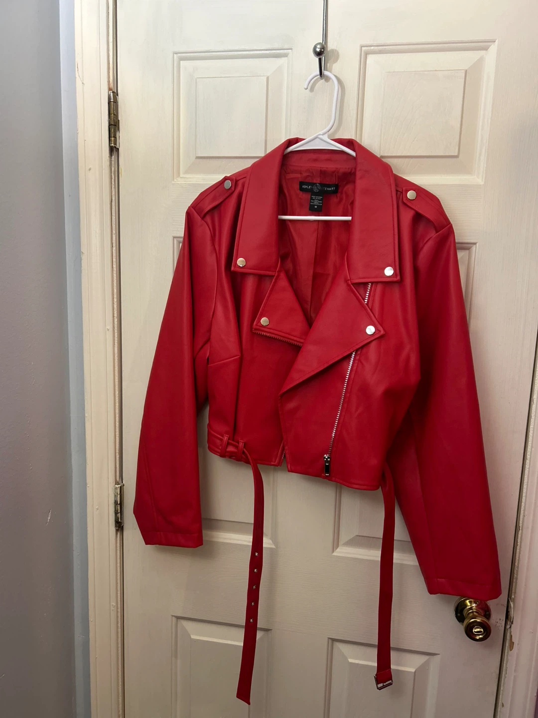 Red Faux Leather Cropped Moto Jacket with Belt