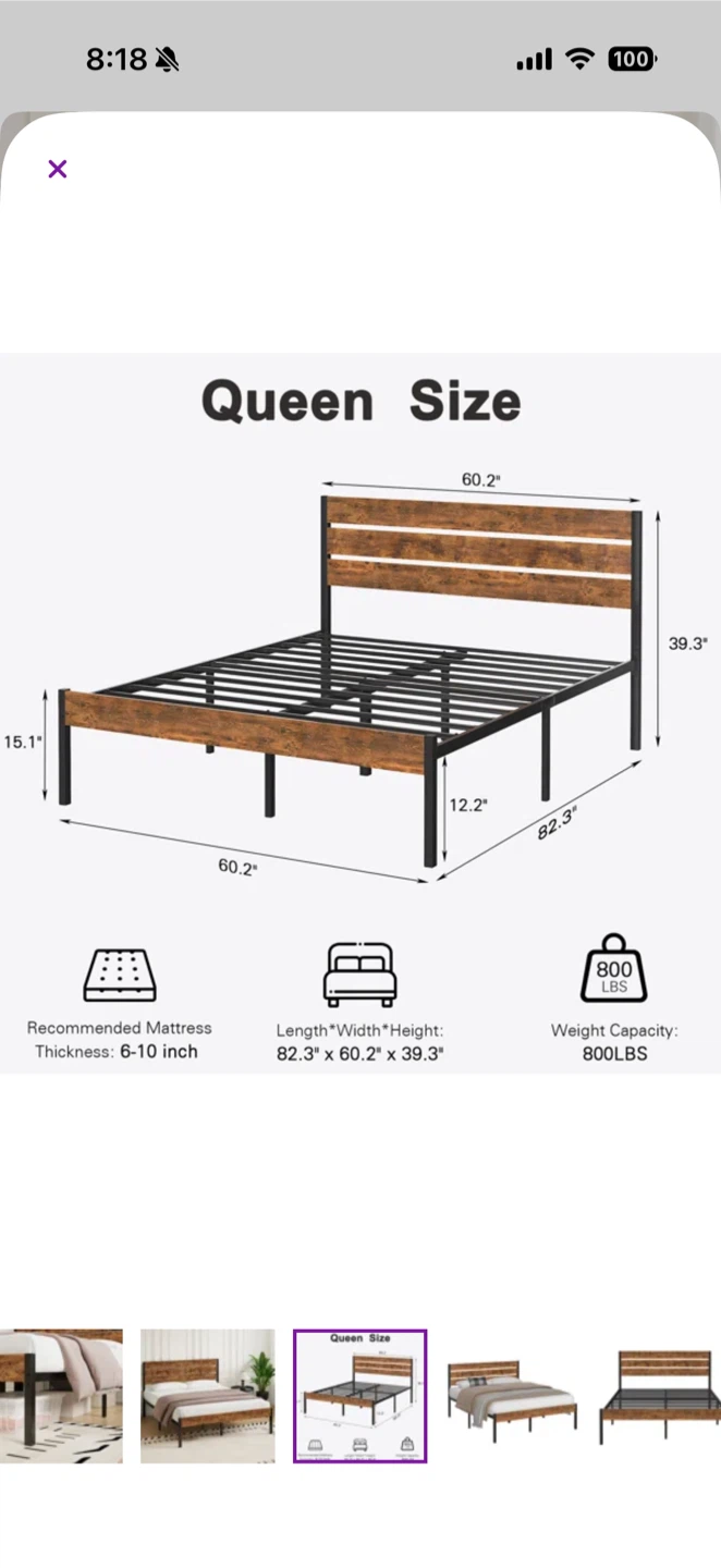 Queen Size Bed Frame with Wood Headboard - photo 4