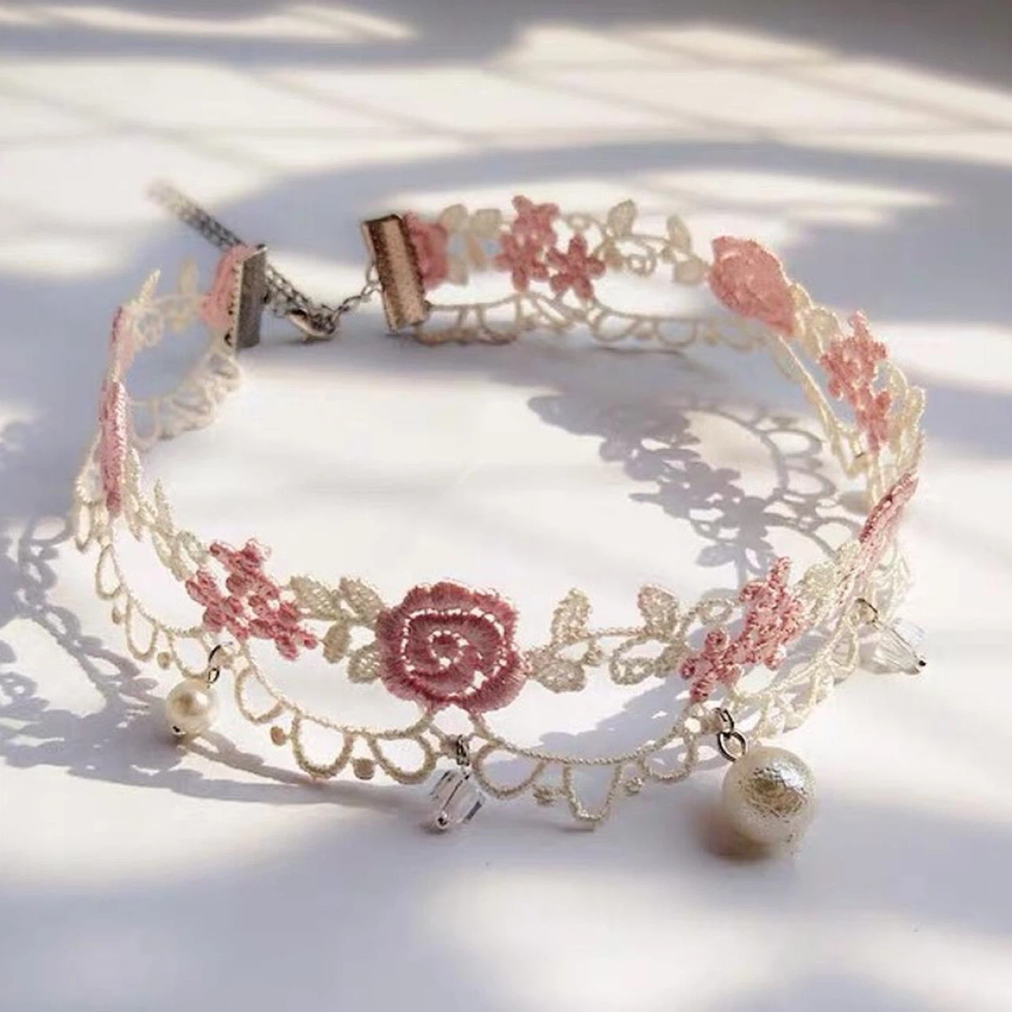 White/Pink Rose Floral Pearl Layered Lace Choker