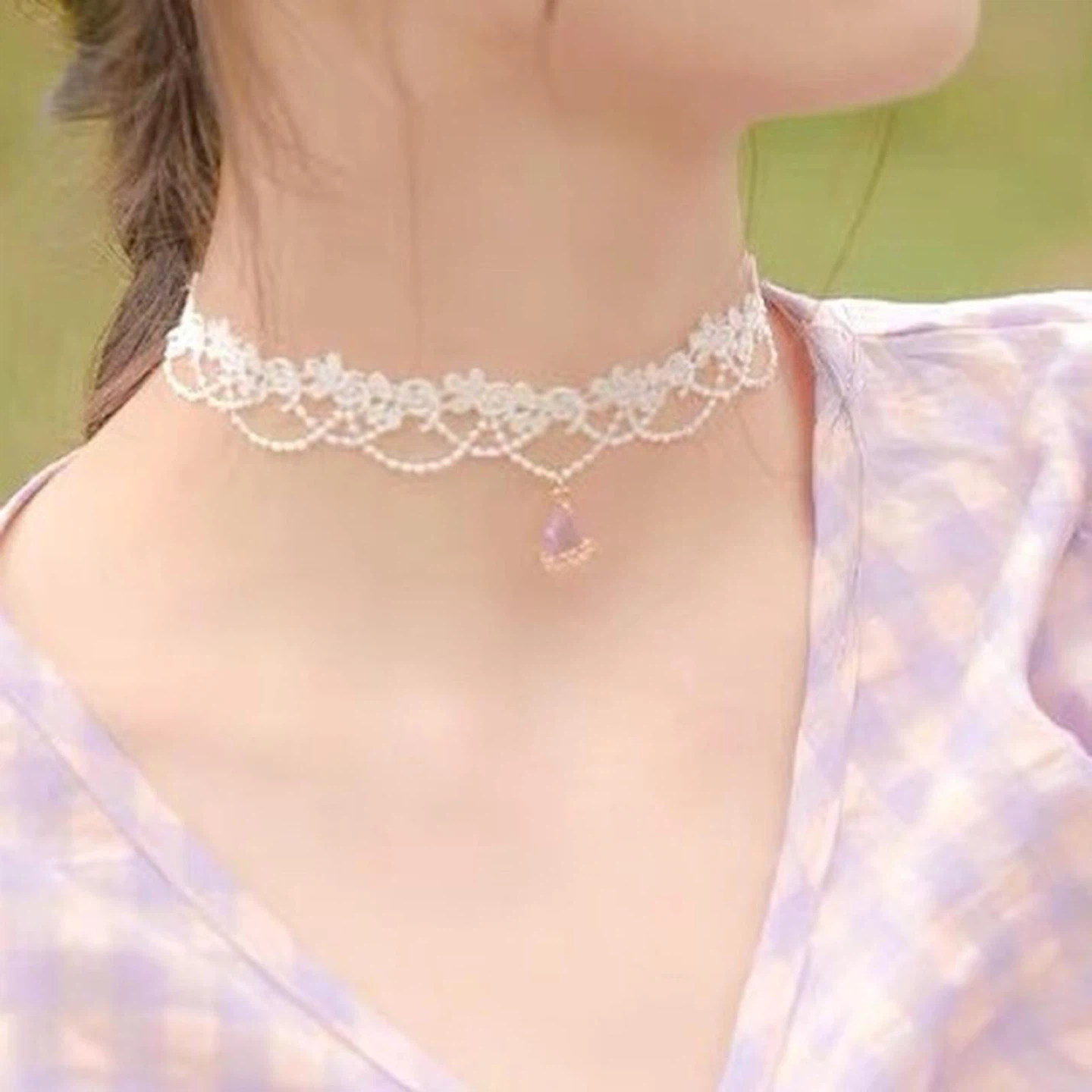 NEW White Lace Floral Pearl Purple Crystal Choker - photo 3