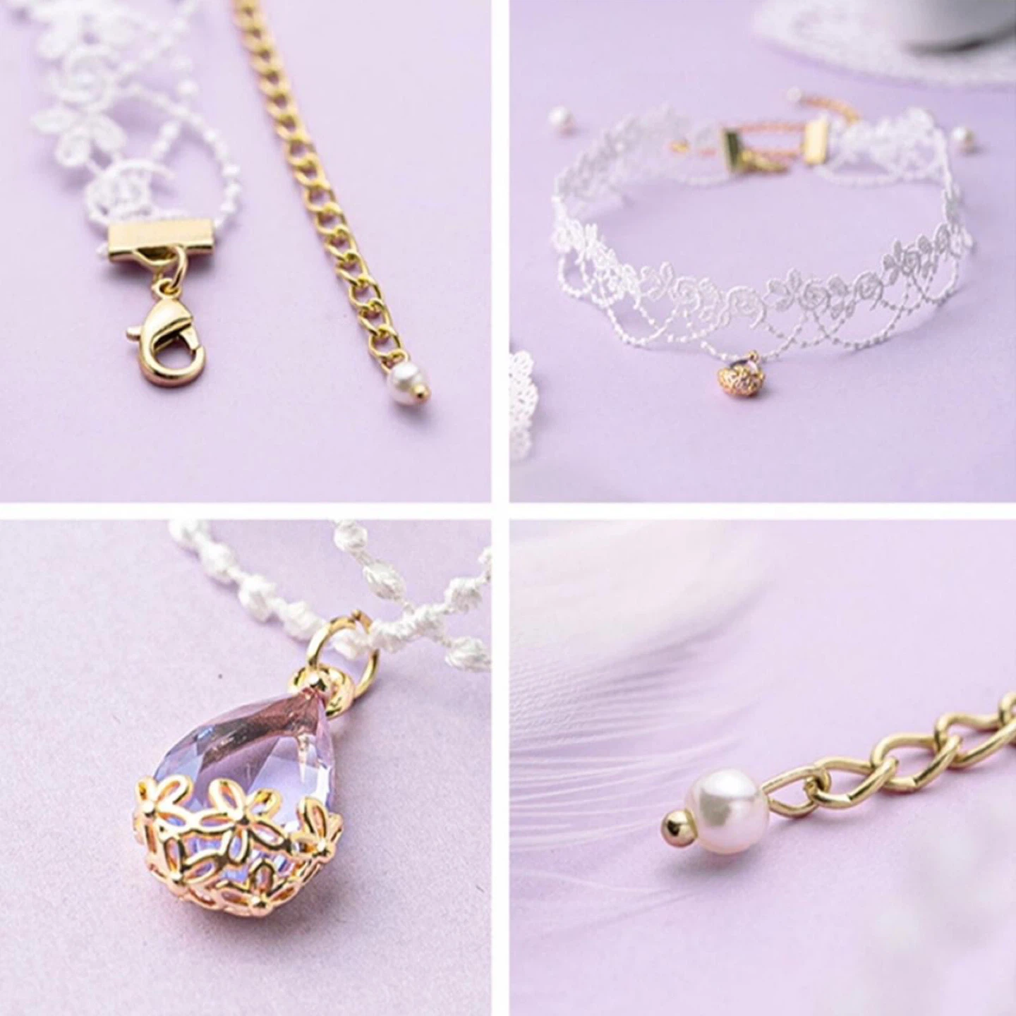NEW White Lace Floral Pearl Purple Crystal Choker - photo 2
