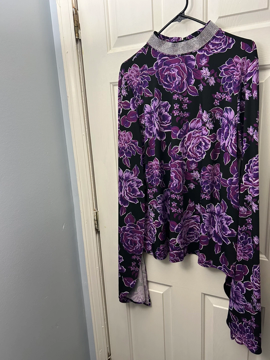 Floral Mock Neck Top with Rhinestone Collar