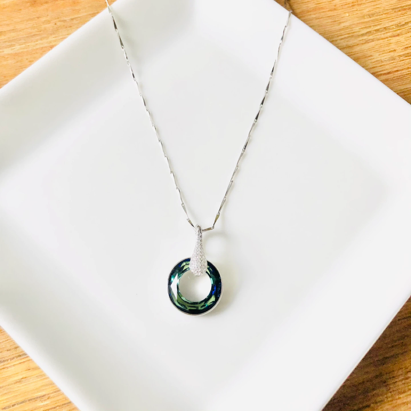 S925 Sterling Silver Blue Crystal Round Pendant Necklace - photo 2