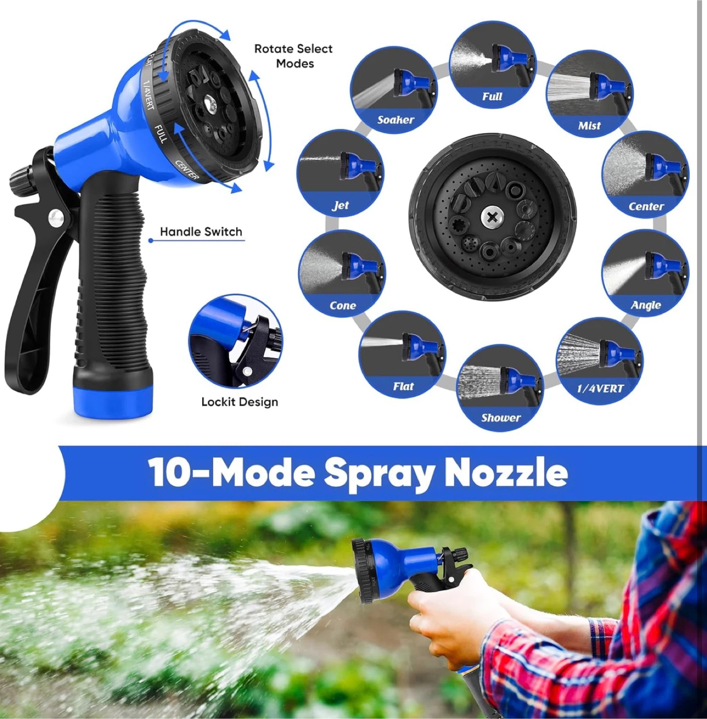 Stainless Steel Garden Hose with 10-Mode Spray Nozzle