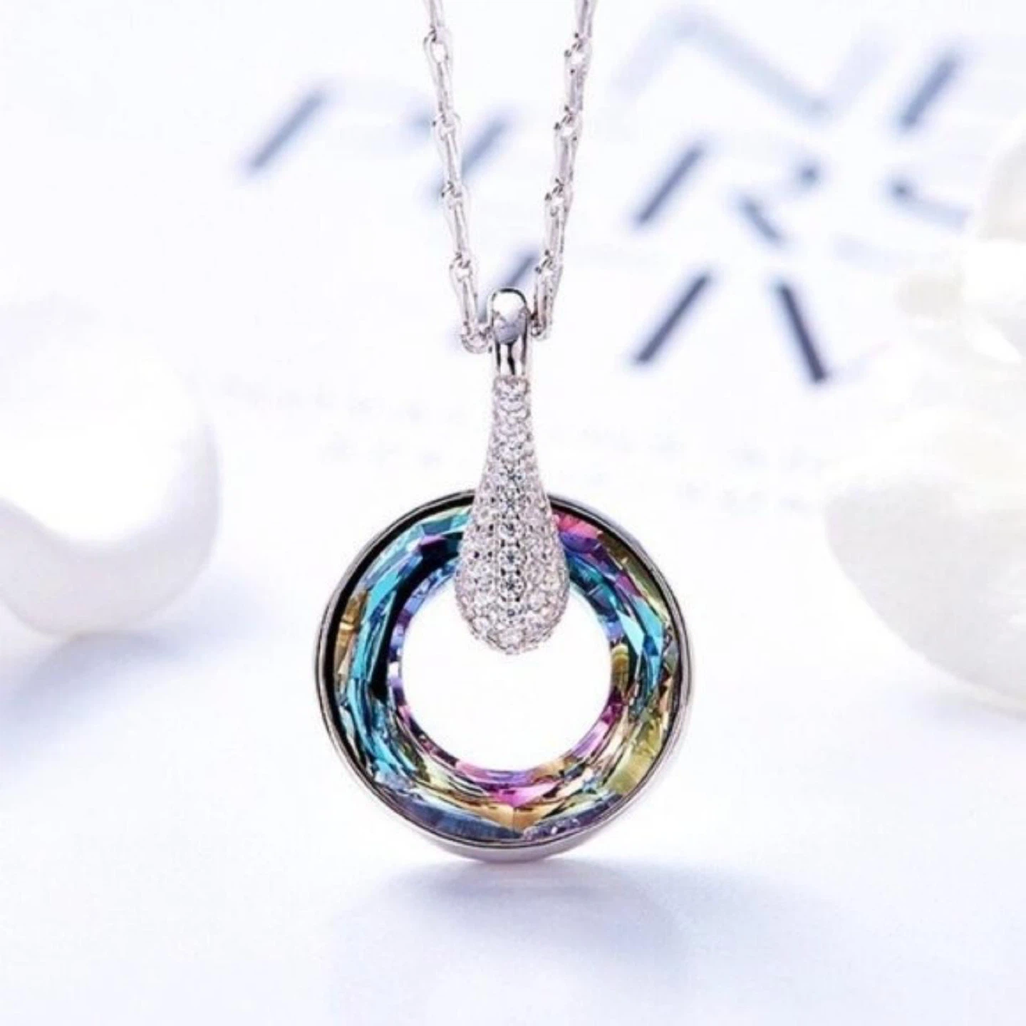 S925 Sterling Silver Iridescent Crystal Round Pendant Necklace