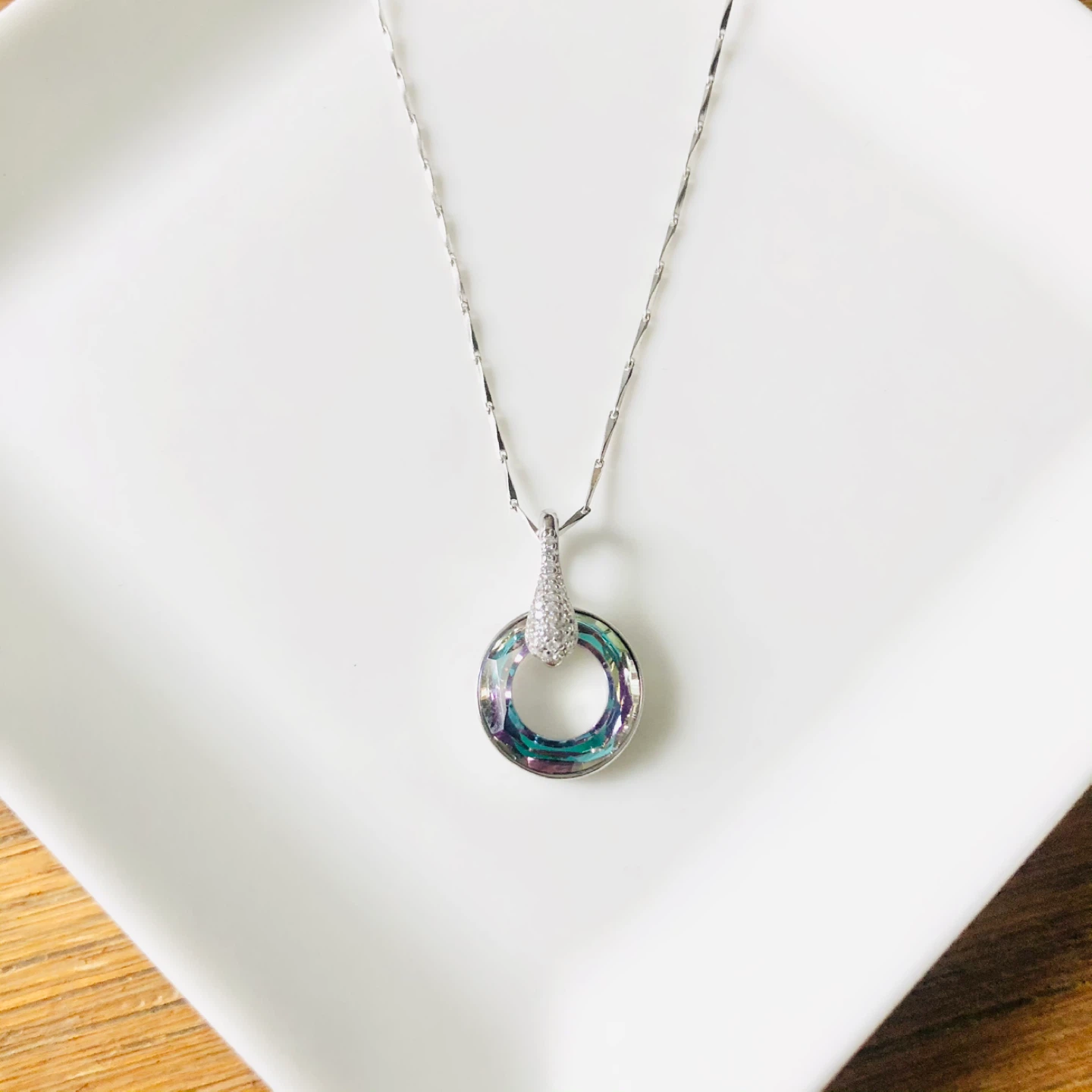 S925 Sterling Silver Iridescent Crystal Round Pendant Necklace - photo 2