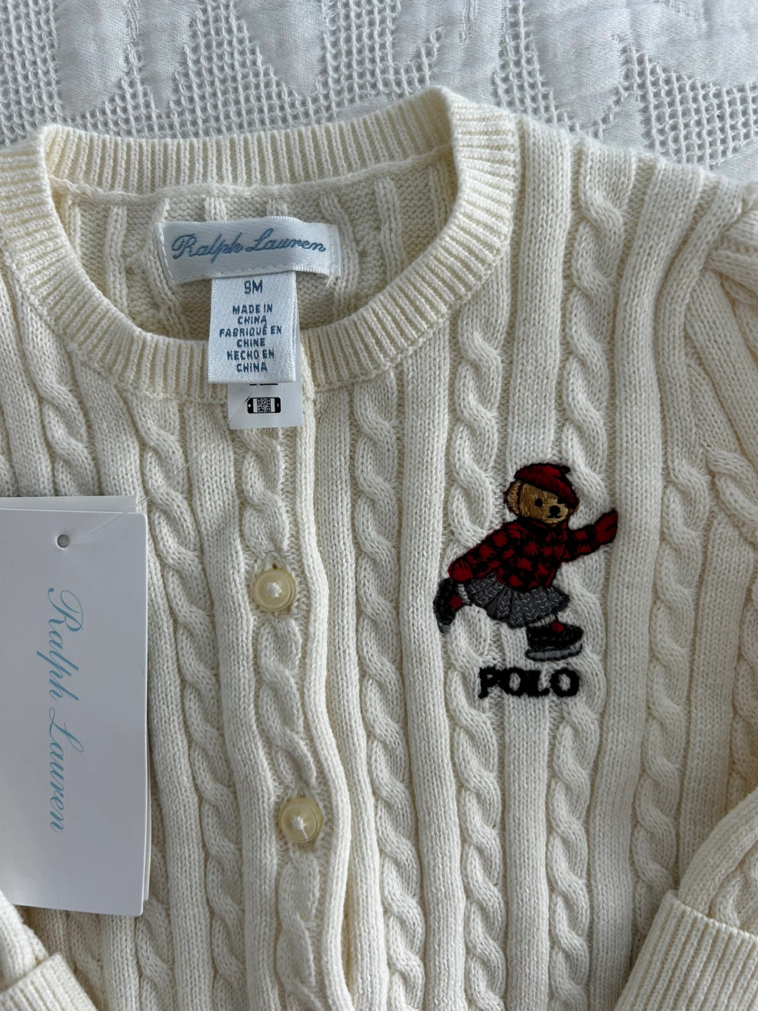 Ralph Lauren Baby Girls Cream Polo Bear Cable Knit Cardigan 9M