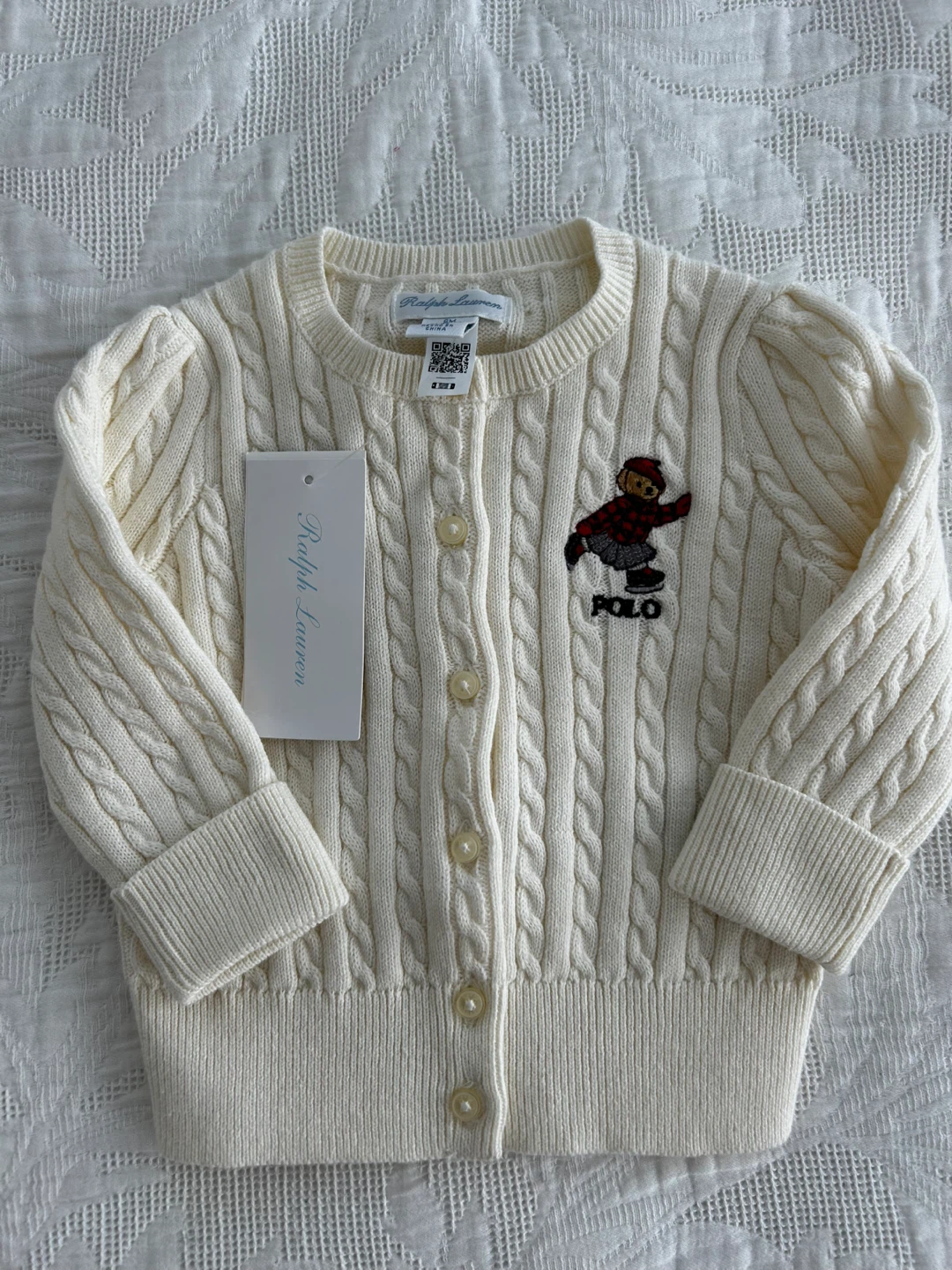 Ralph Lauren Baby Girls Cream Polo Bear Cable Knit Cardigan 9M - photo 2