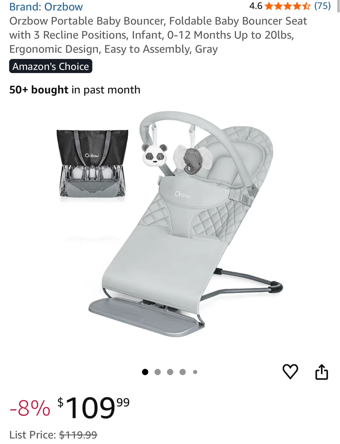 Orzbow Portable Baby Bouncer - Gray - photo 2