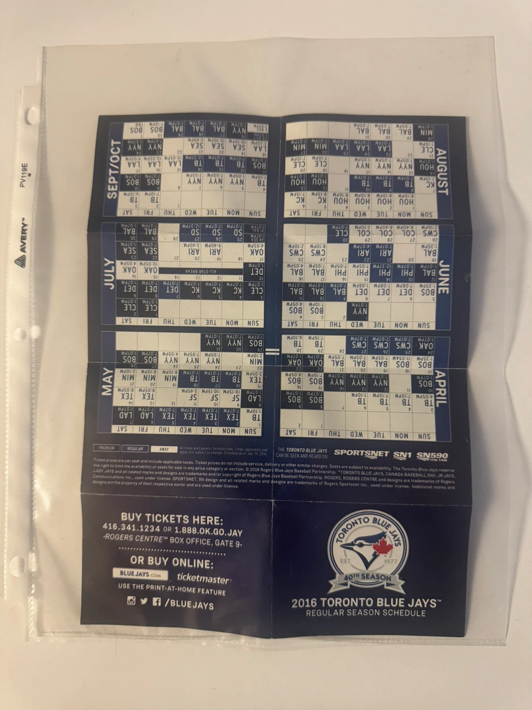 2016 (40th Season) Toronto Blue Jays Season Schedule Booklet