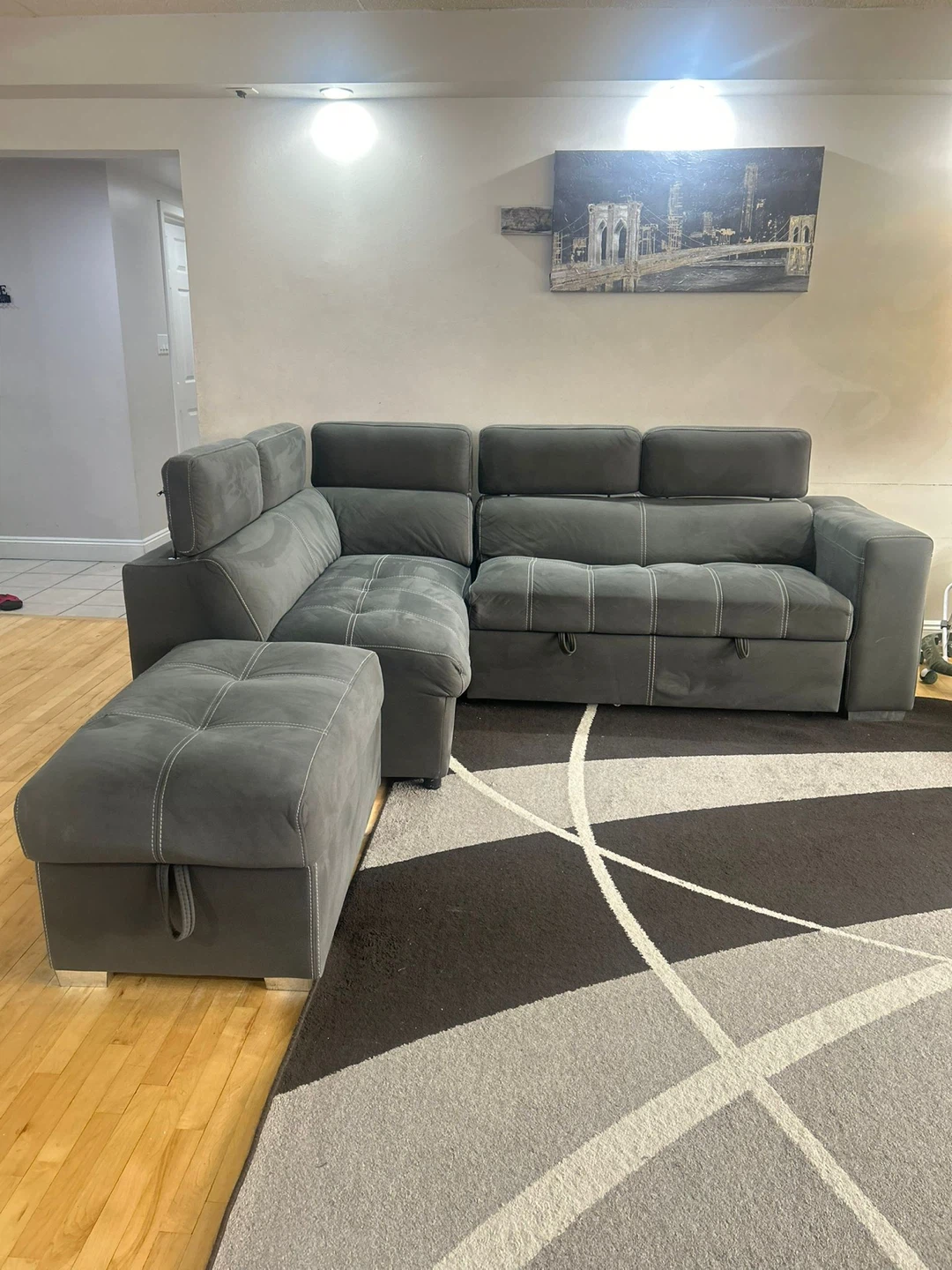 Drake 3-Piece Faux Suede Sectional with Storage Ottoman - photo 3