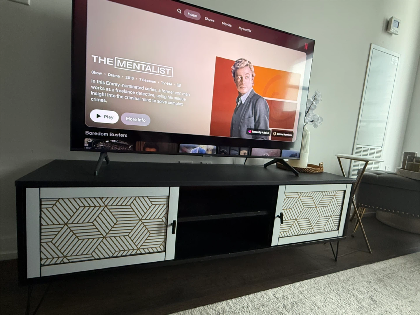 Black and White Media Console with Geometric Design