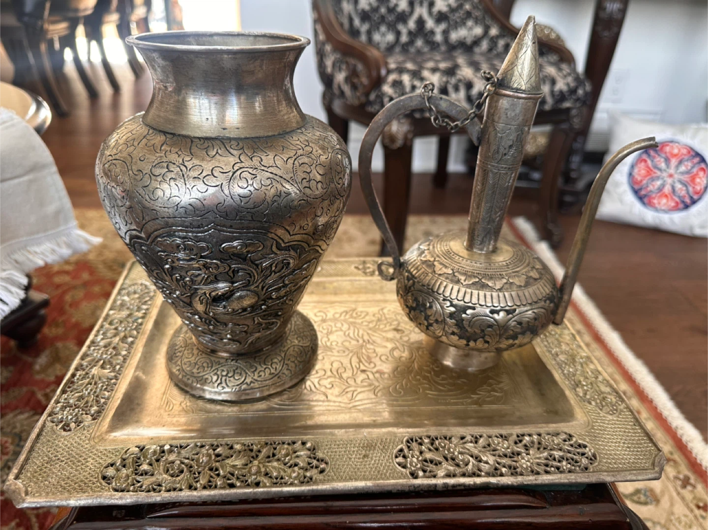 Antique Silver Tone Decorative Vase and Pitcher Set