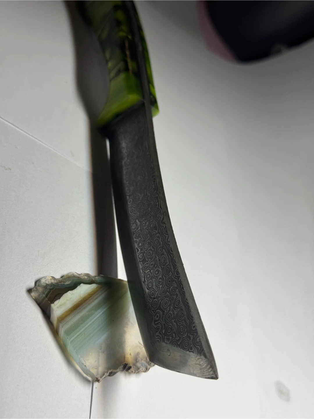 Damascus Pattern Knife with Green Handle
