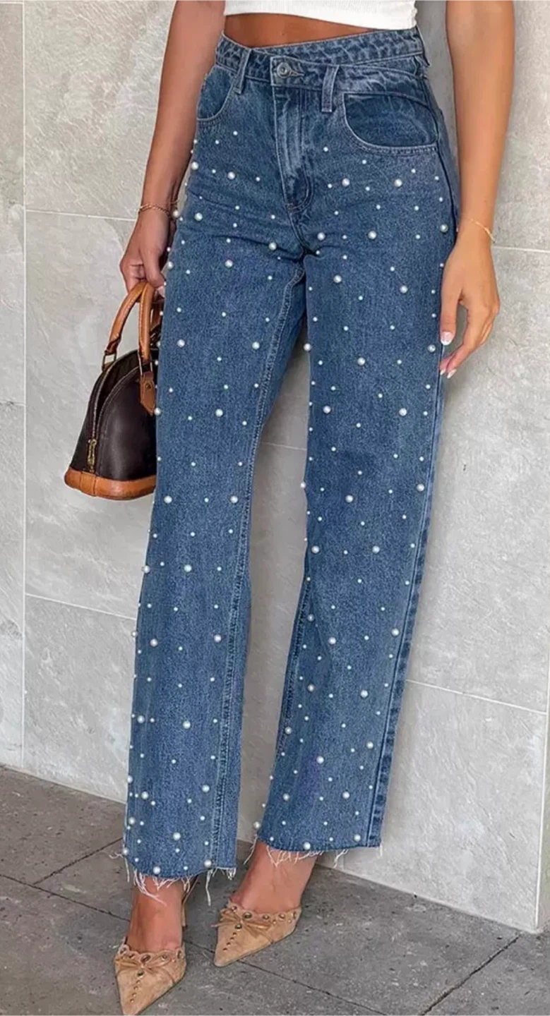 Women's Blue Denim Jeans with Pearl Embellishments