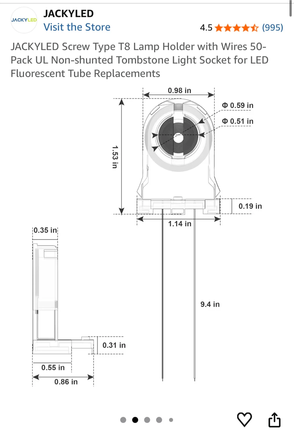 Screw Type T8 Lamp Holder with Wires - photo 2