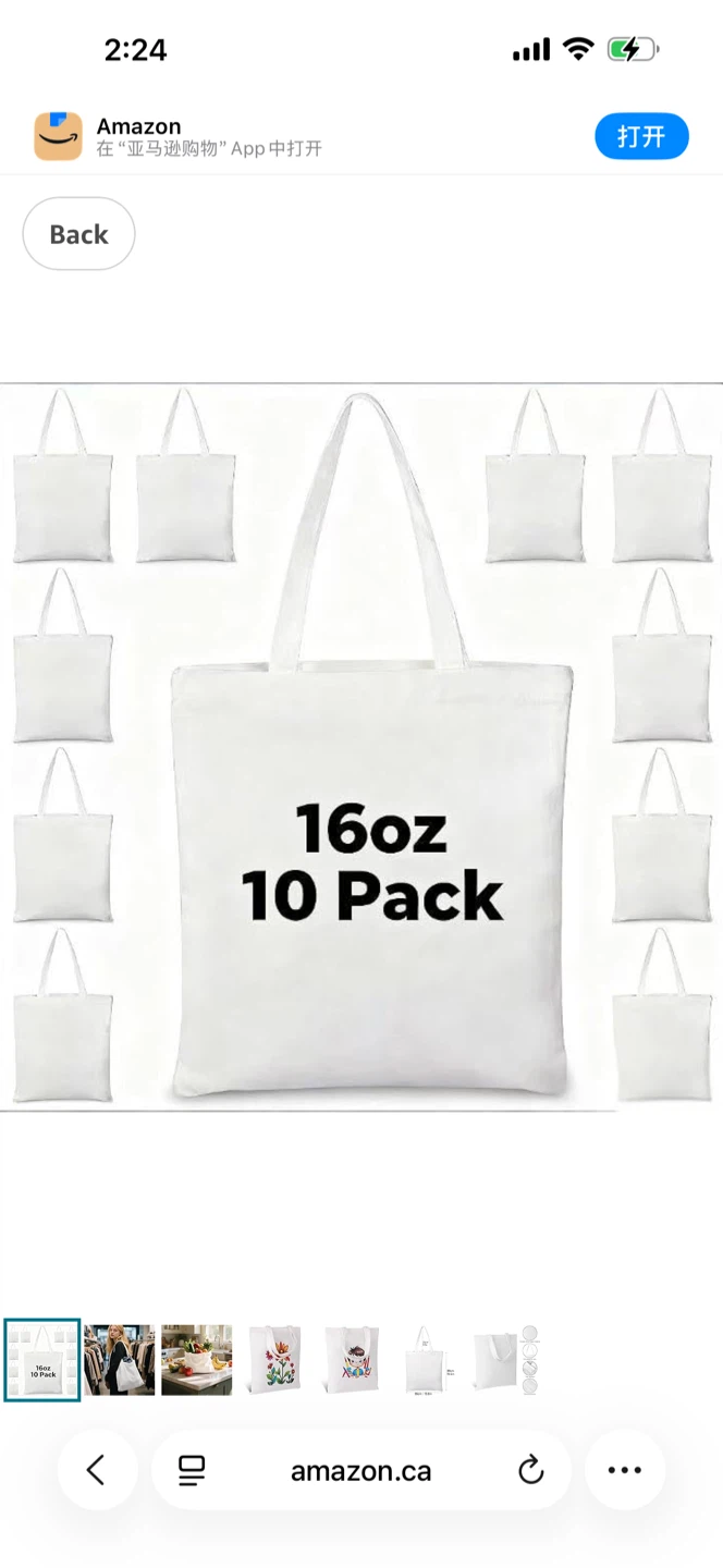 10 Pack Blank White Canvas Tote Bags - 16oz Cotton