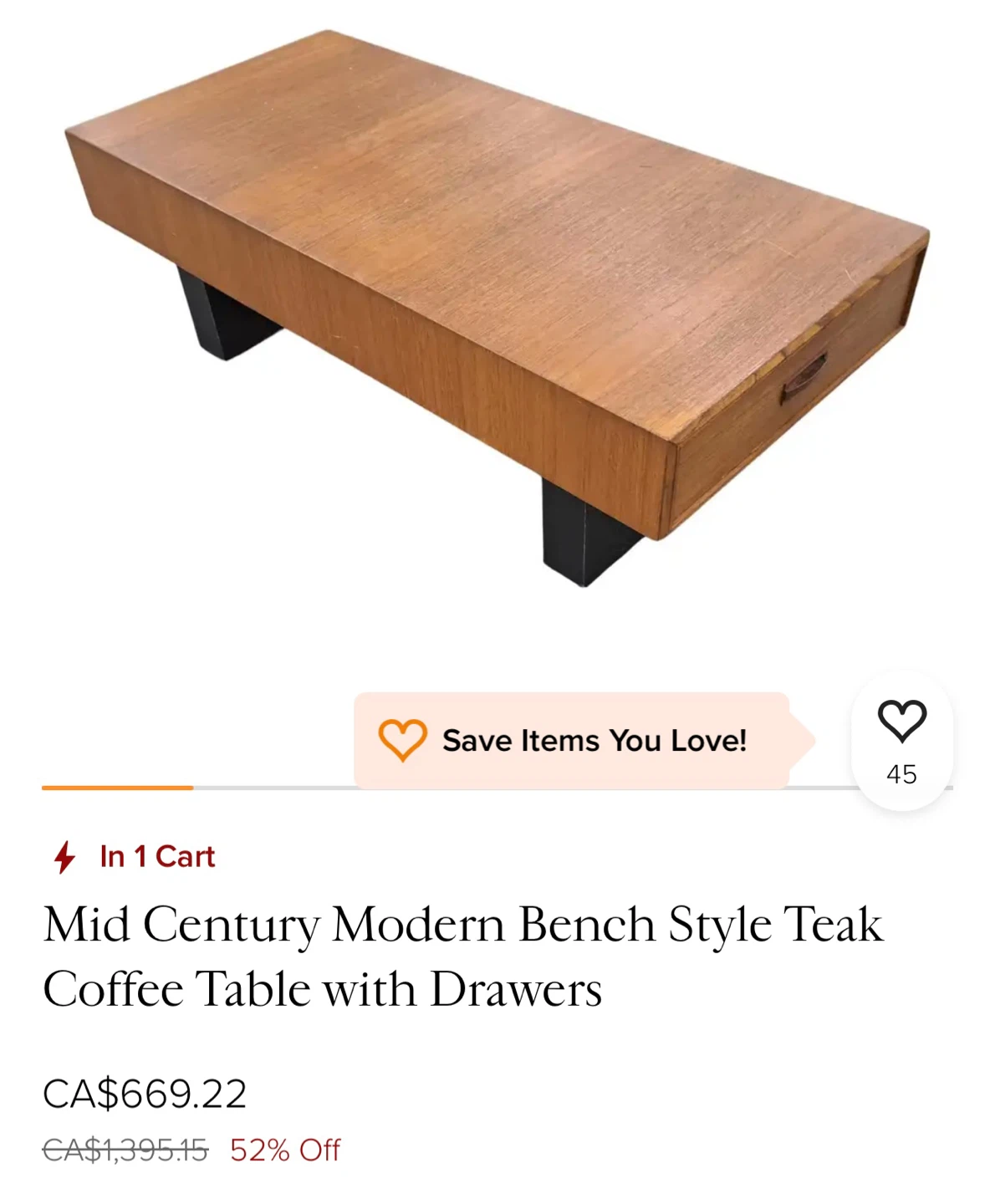 Mid Century Modern Teak Coffee Table with Drawers