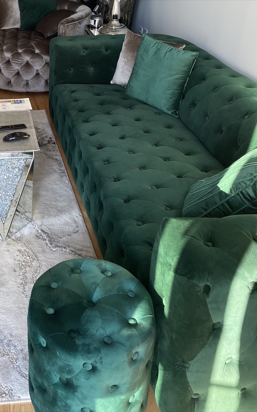 Deep Green Velvet Tufted Sofa and Ottoman Set