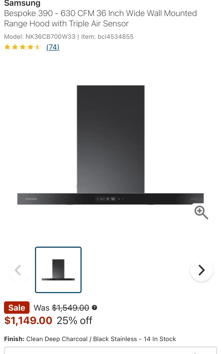 Samsung Bespoke 390 Range Hood - 36 Inch - Clean Deep Charcoal