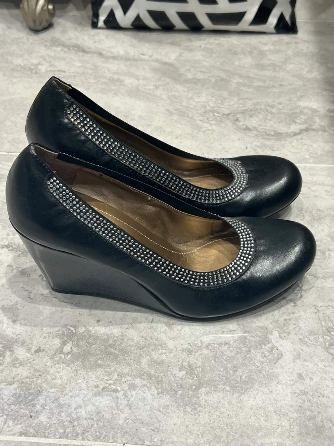 BCBG Generation Navy Wedge Heels with Rhinestone Detail