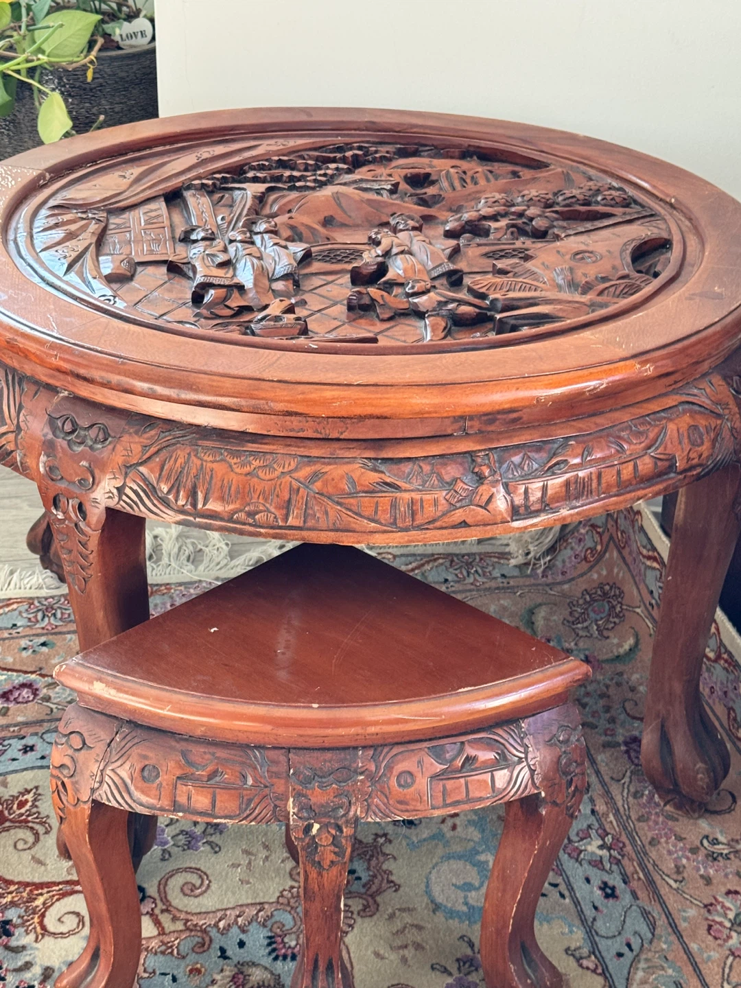 Vintage Carved Wood Side Table with 4 Stool - photo 3