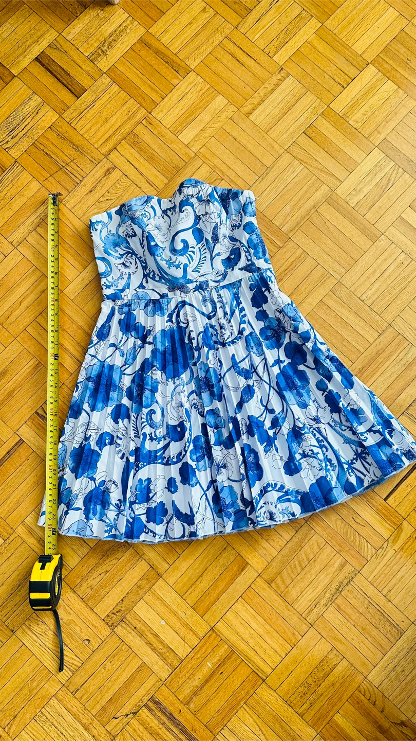 🧡 Strapless Blue Floral Pleated Dress - photo 4
