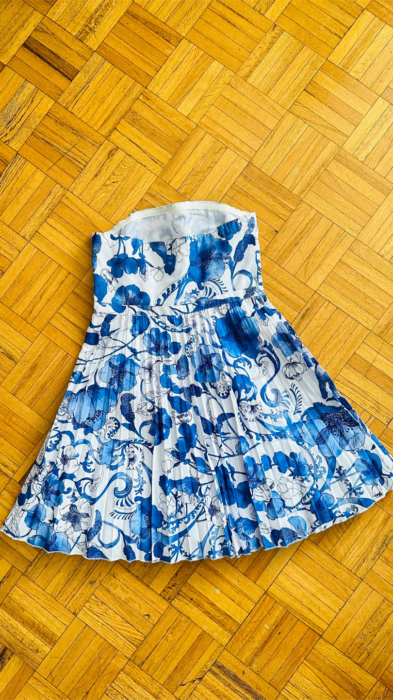 🧡 Strapless Blue Floral Pleated Dress - photo 2
