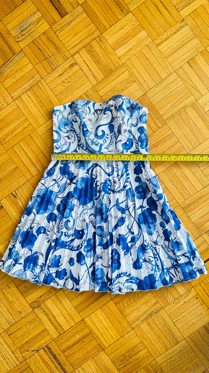 🧡 Strapless Blue Floral Pleated Dress - photo 3