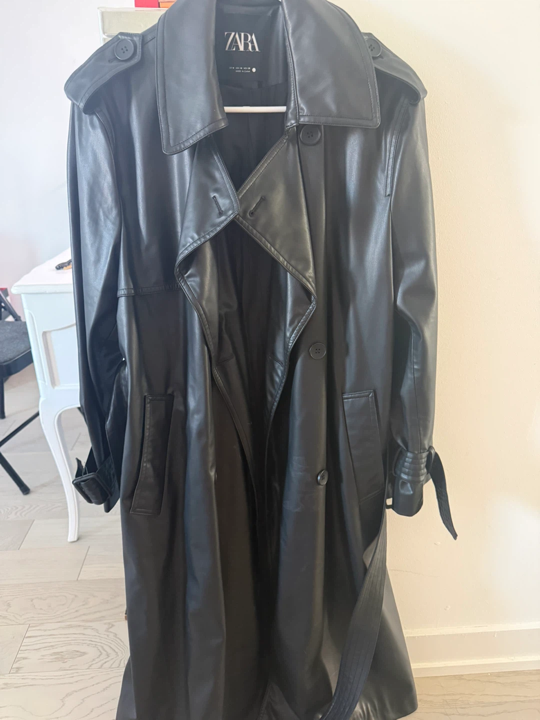 Zara Faux Leather Trench Coat - Black, Size M