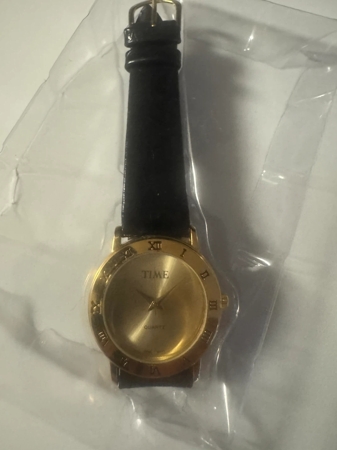 TIME Quartz Watch - Gold Tone, Black Leather Band