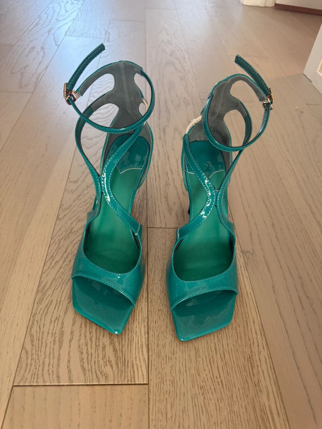 Teal Patent Leather Strappy Heels