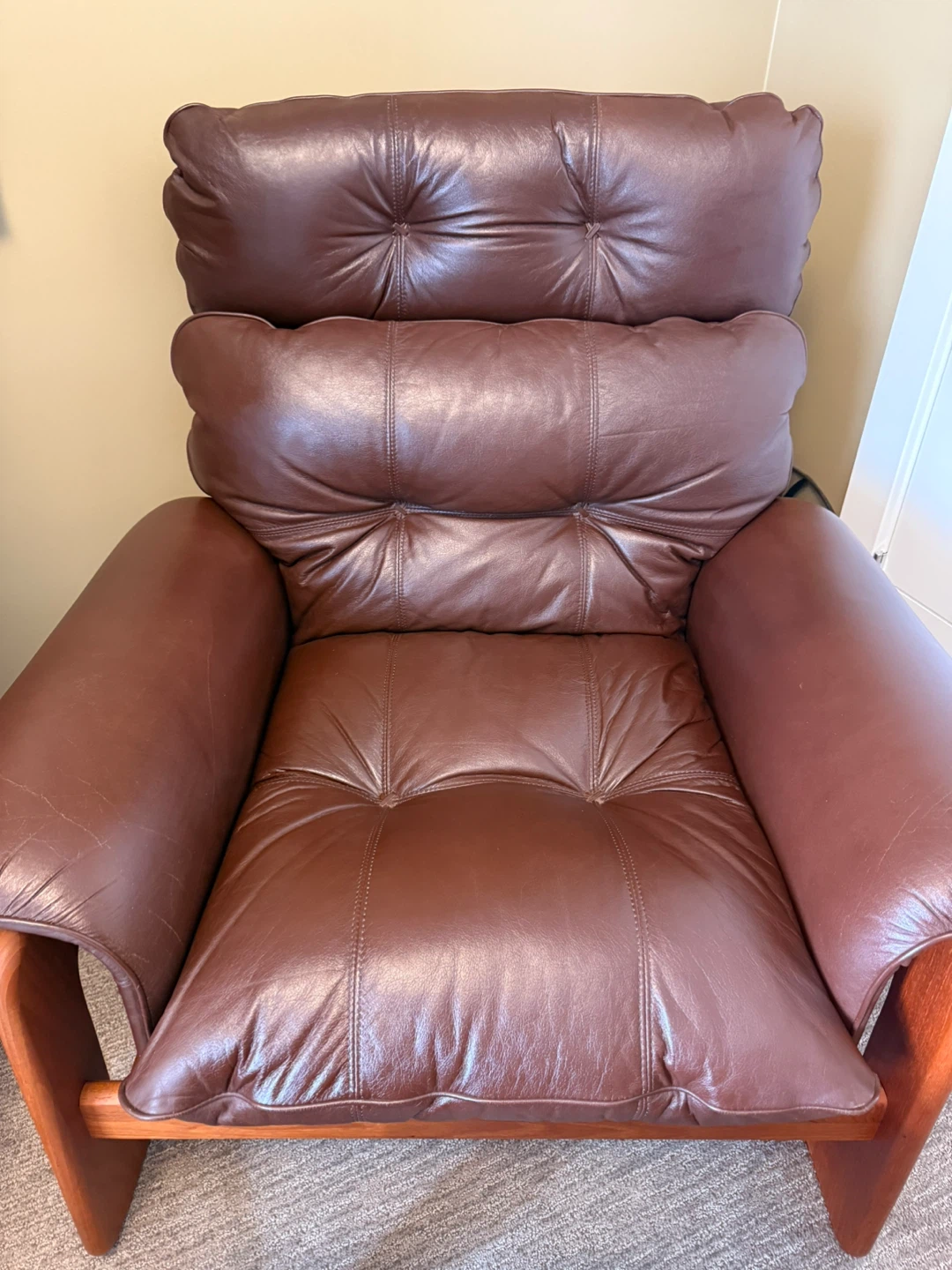 Mid Century Modern Leather & Teak Armchair with Foot Stool