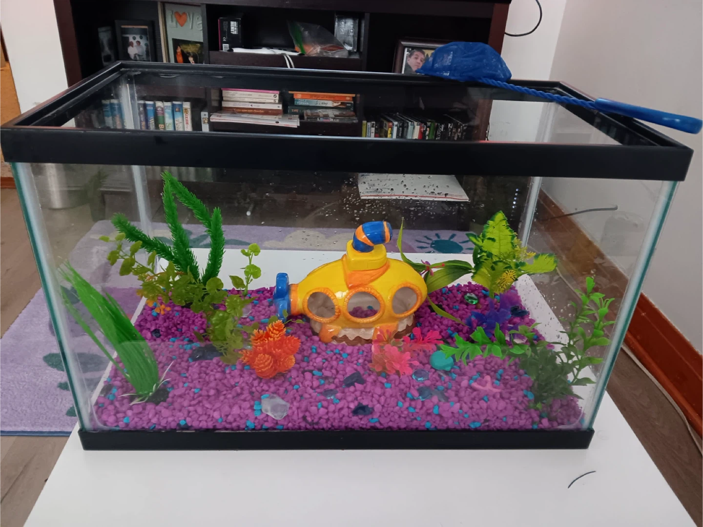 Glass Aquarium Tank with Submarine Decor and Net