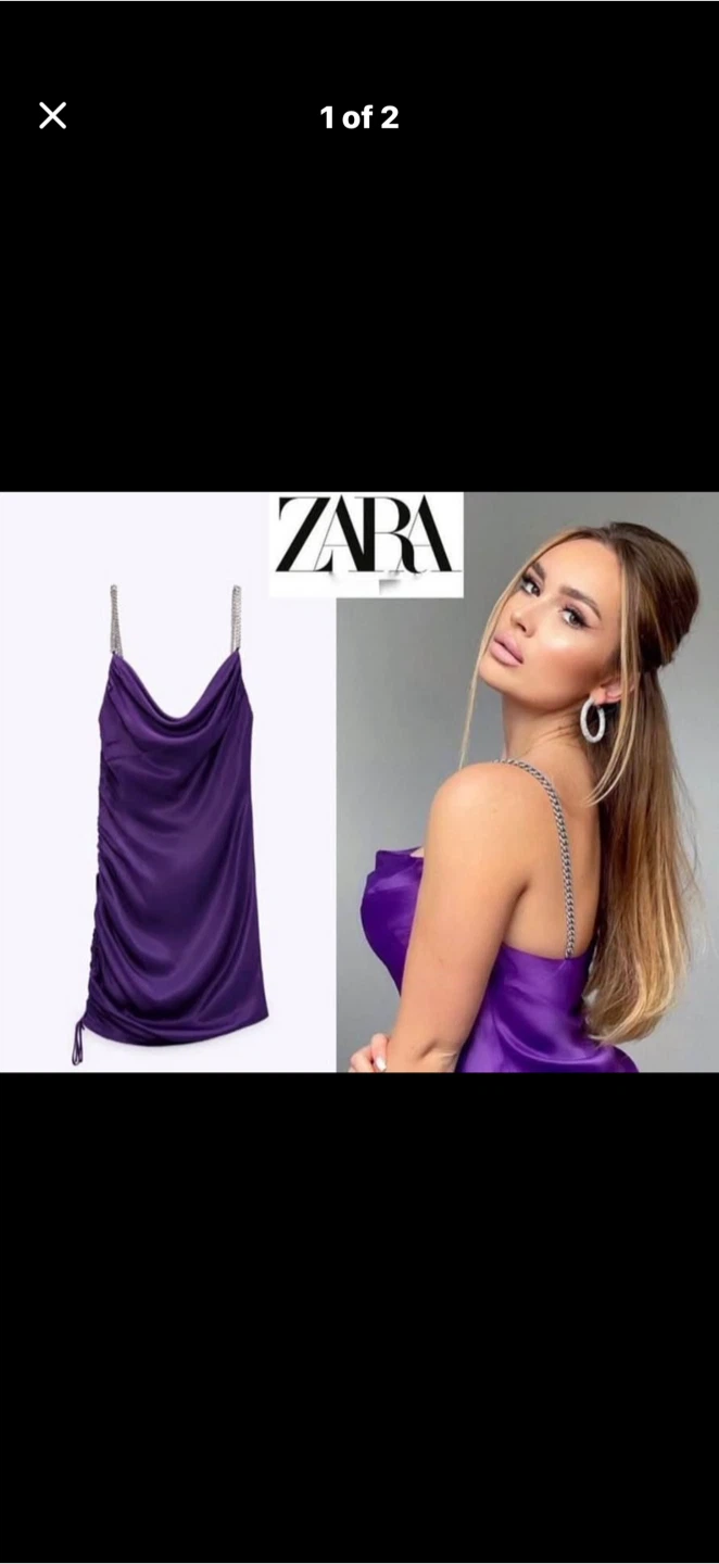 ZARA Purple Ruched Sparkle Strap Mini Dress